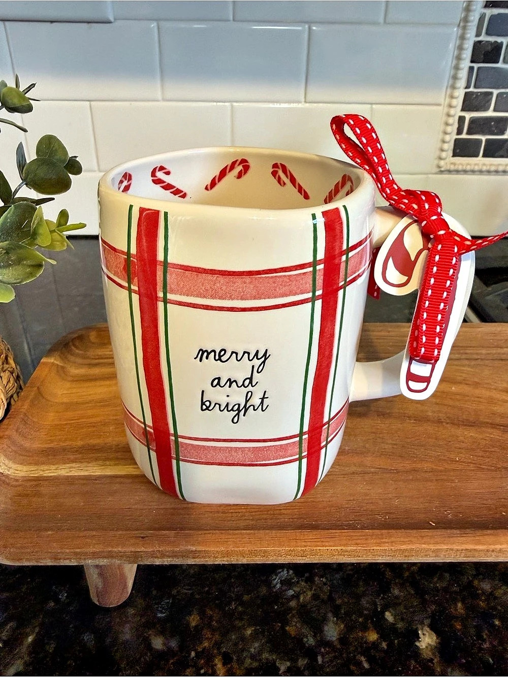 New Rae Dunn red plaid ceramic Christmas coffee mug MERRY & BRIGHT